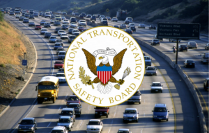 National Transportation Safety Board logo superimposed over heavy traffic on a highway. 
