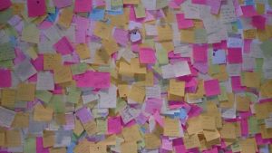 Wall covered in post it notes. 