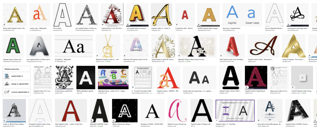 A screen capture of a Google image search for the capital letter A.