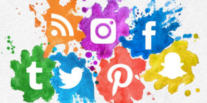 Merged logos for several social media platforms.