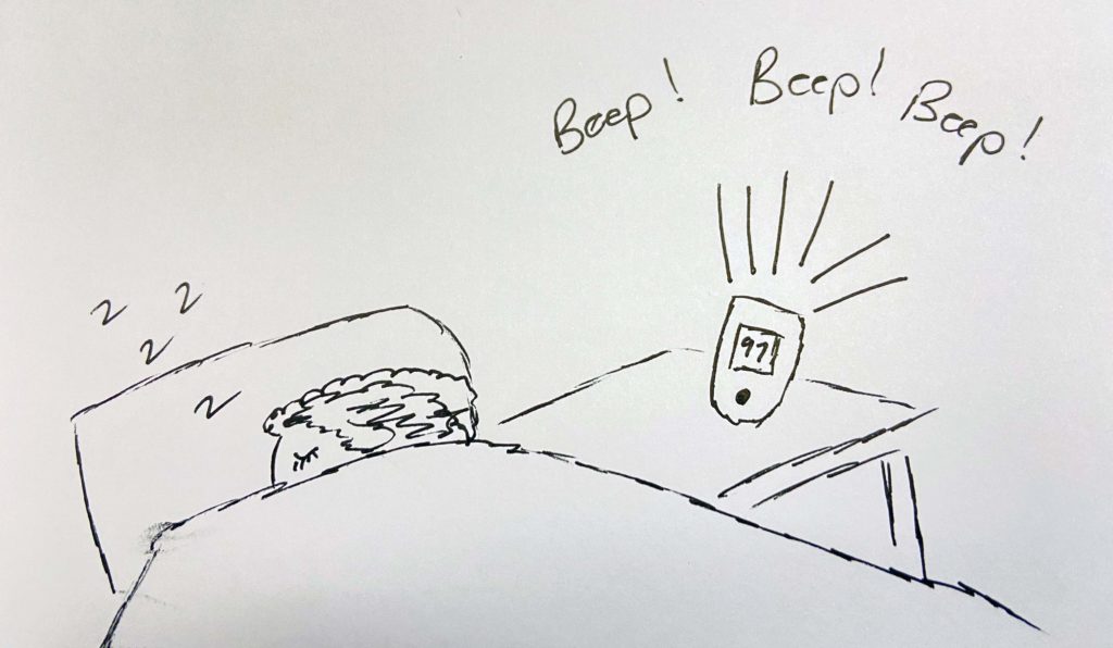 Illustration of a person sleeping while an insulin pump controller beeps several times. 