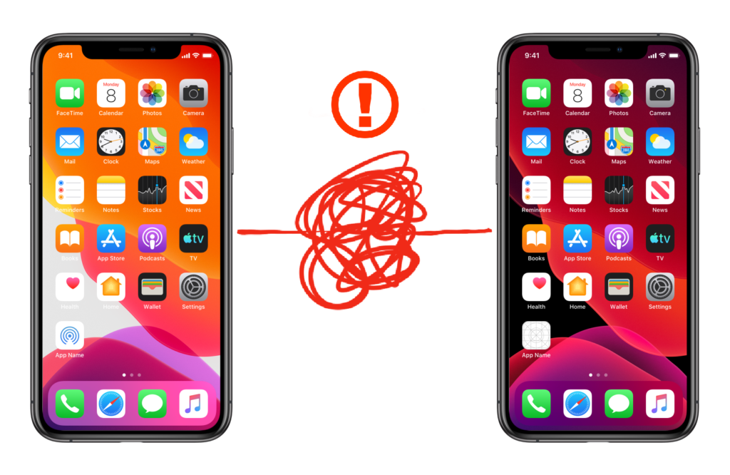 Two iPhones side-by-side on a white background with a red scribble and exclamation point connecting them in the middle.