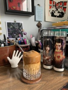 Jenn's desk, complete with trendy internet coffee drink