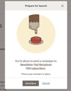 Mailchimp screen capture of a sweaty paw about to press a button