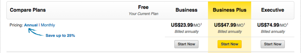 A website displaying the monthly subscription cost when the cost is billed annually