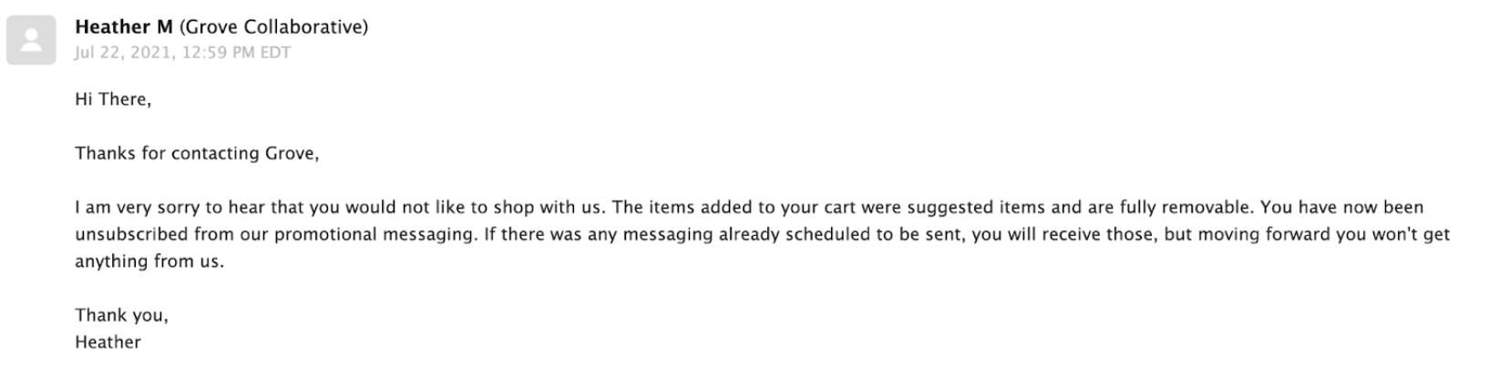 Email from company claiming that the suggested items added to the cart are easily removed. 