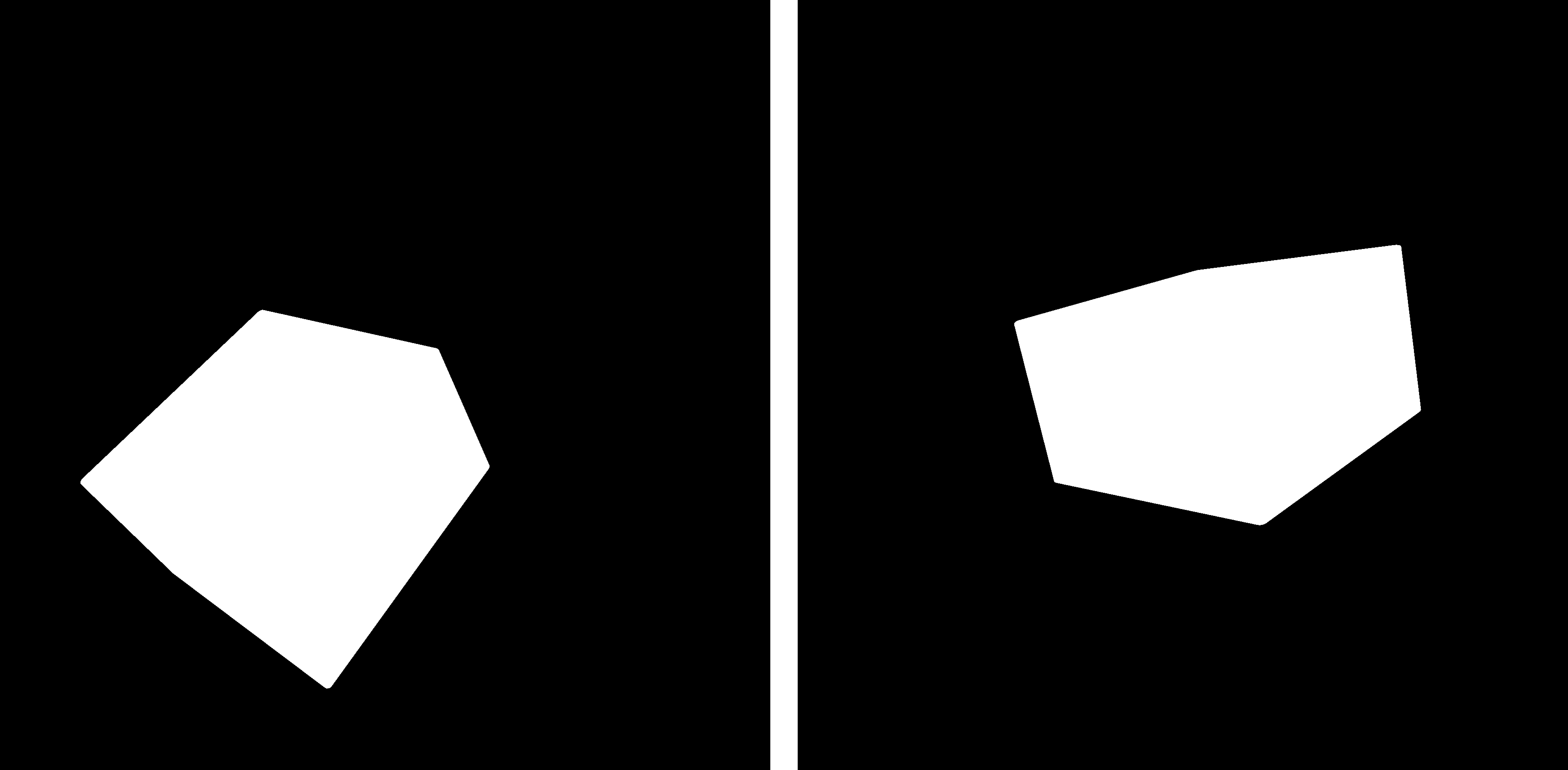 The model's output where white shapes are recognized as packages and everything else is masked in black