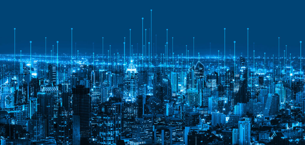 Cityscape at night with blue lines to indicate sensor locations