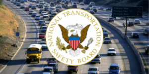 National Transportation Safety Board logo superimposed over heavy traffic on a highway.